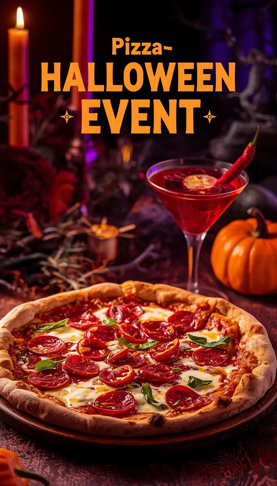 Spicy Diavola pizza decorated for Halloween night